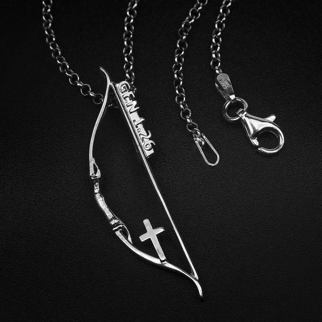 Silver recurve bow necklace. Great gift for a traditional hunter who enjoys hunting with recurve bows.
